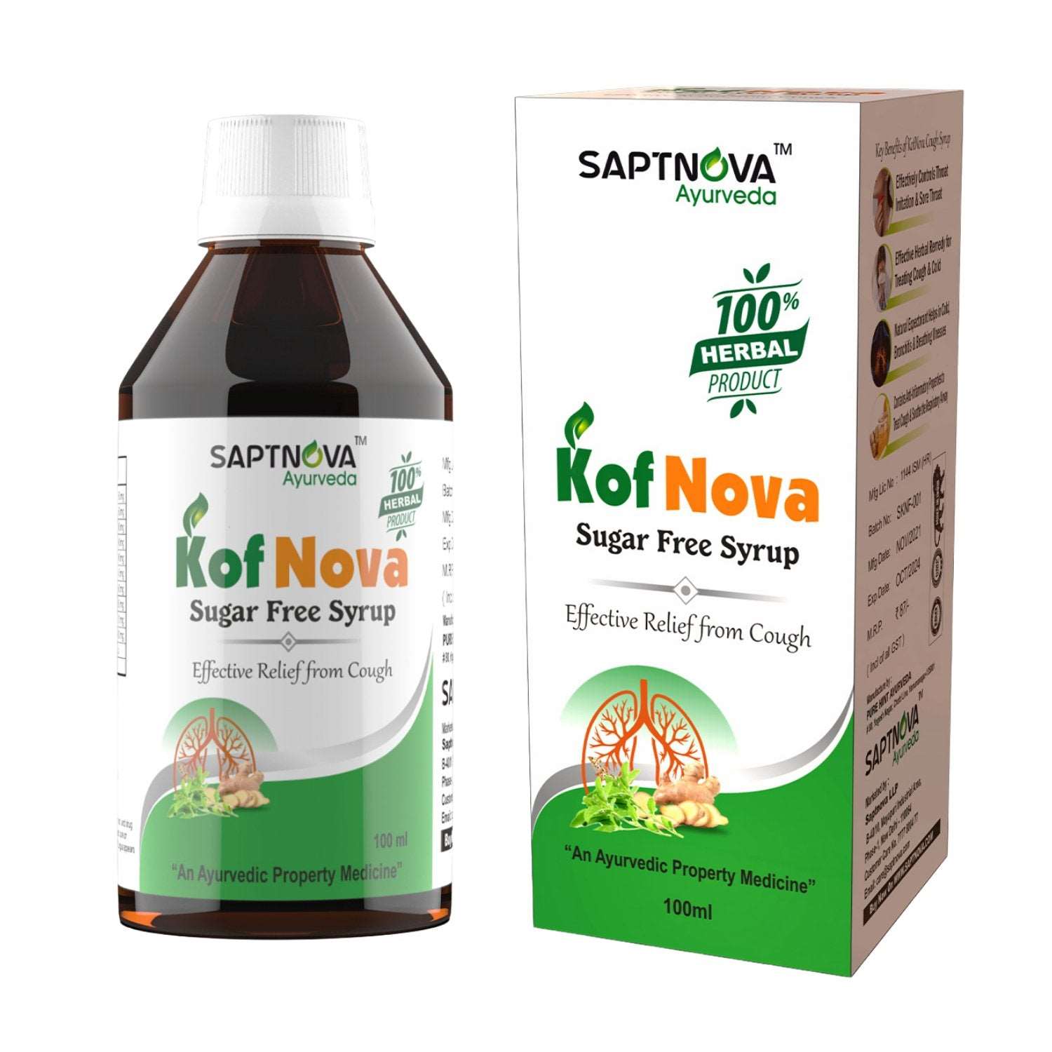 KofNova - Herbal Sugar Free Cough Syrup - 100 ML - SAPTNOVA